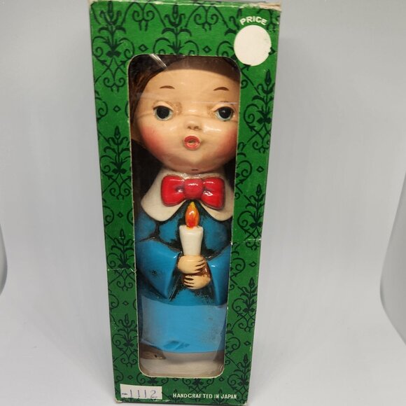 Vintage Christmas Chalk Ware Caroler Blue Smock Made in Japan New in Box - Picture 6 of 7